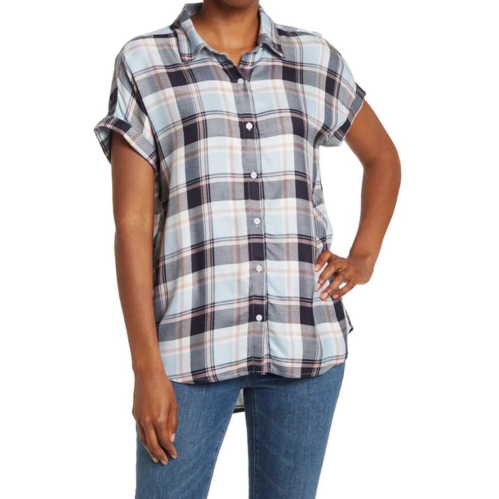 NORDSTROM RACK Plaid Short Sleeve High Low Womens Top Button Up Sz S